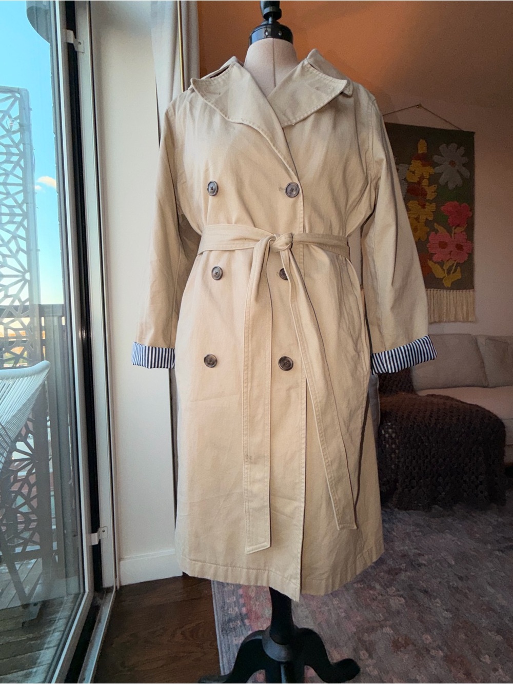 GAP Tan Trench Coat with Belt and Striped Sleeve Lining